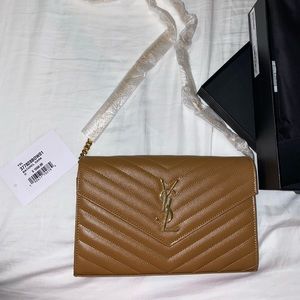 YSL Saint Laurent Large Envelope Woc Grain de Poudre Wallet Chain Dark Beige